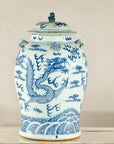 Qing Dynasty Blue and White Porcelain Dragon Jar with Lid and Foo Dog Finial