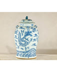 Qing Dynasty Blue and White Porcelain Dragon Jar with Lid and Foo Dog Finial