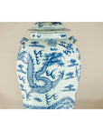 Qing Dynasty Blue and White Porcelain Dragon Jar with Lid and Foo Dog Finial