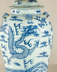 Qing Dynasty Blue and White Porcelain Dragon Jar with Lid and Foo Dog Finial