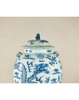 Qing Dynasty Blue and White Porcelain Dragon Jar with Lid and Foo Dog Finial