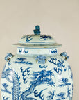 Qing Dynasty Blue and White Porcelain Dragon Jar with Lid and Foo Dog Finial