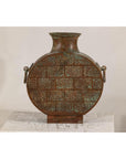 Vintage Bronze Bottle with Etched Motifs and Aged Green Patina, Han Style