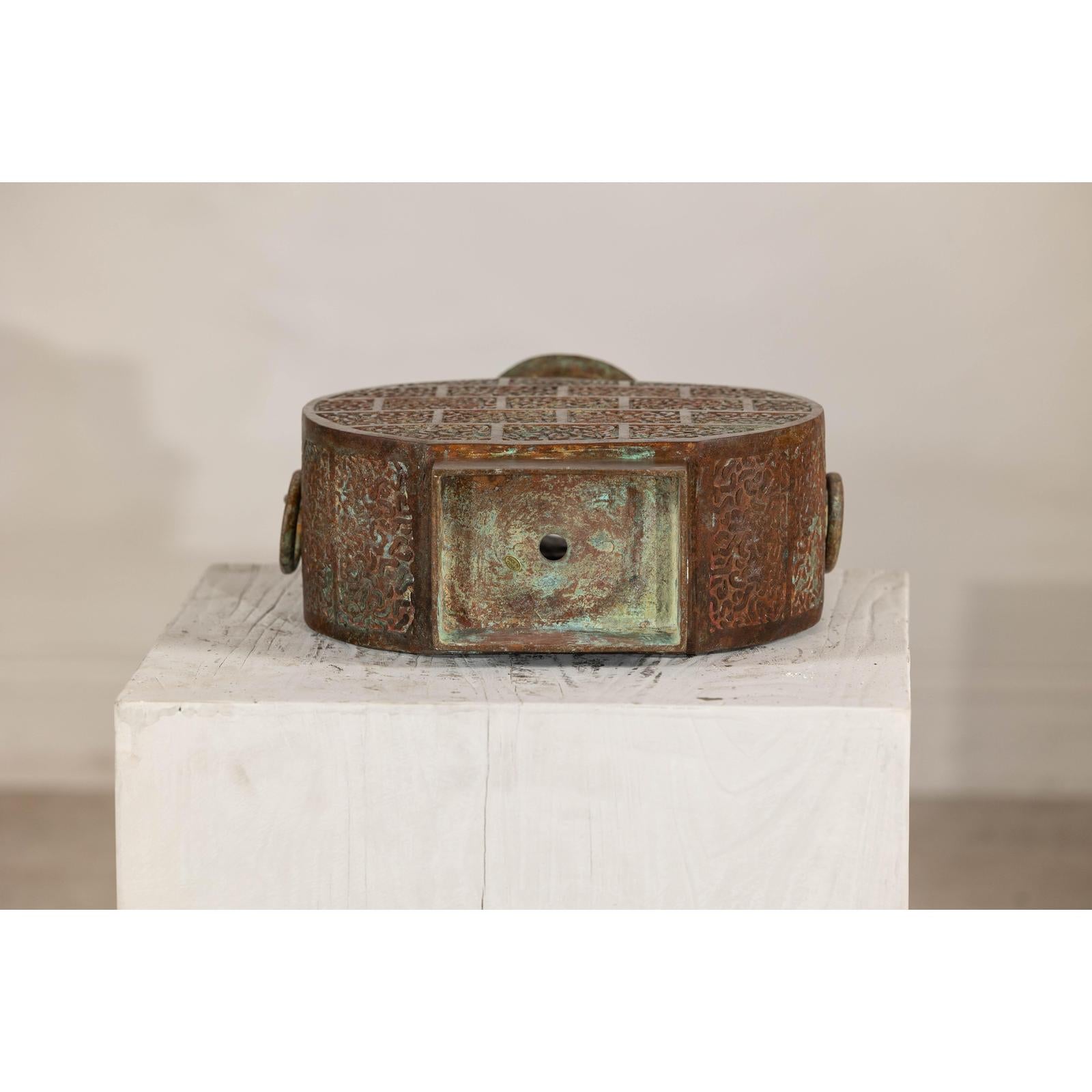 Vintage Bronze Bottle with Etched Motifs and Aged Green Patina, Han Style