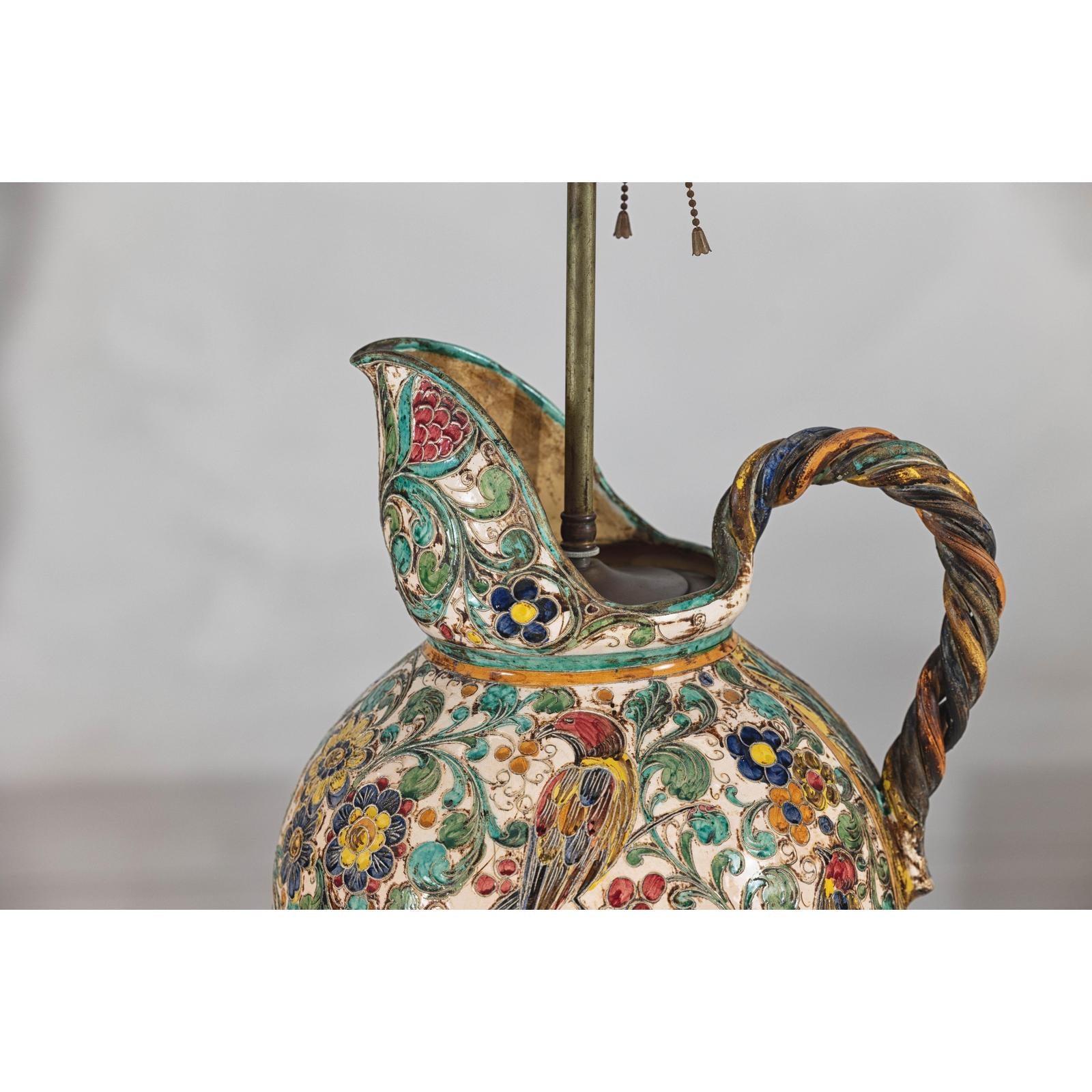 Majolica-Style Mid-Century Ceramic Table Lamp with Birds and Floral Motifs