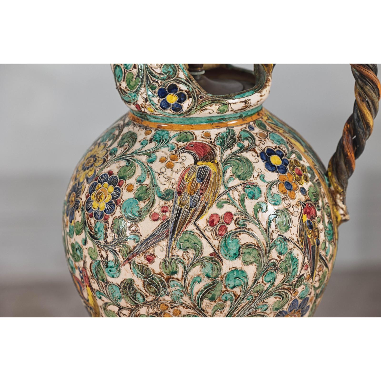 Majolica-Style Mid-Century Ceramic Table Lamp with Birds and Floral Motifs