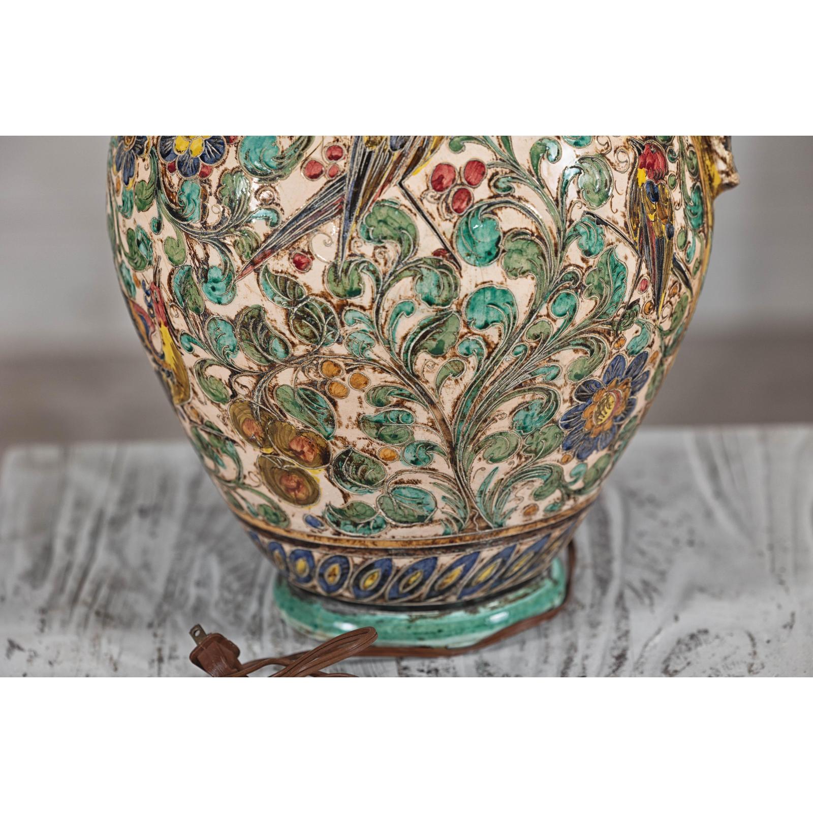 Majolica-Style Mid-Century Ceramic Table Lamp with Birds and Floral Motifs