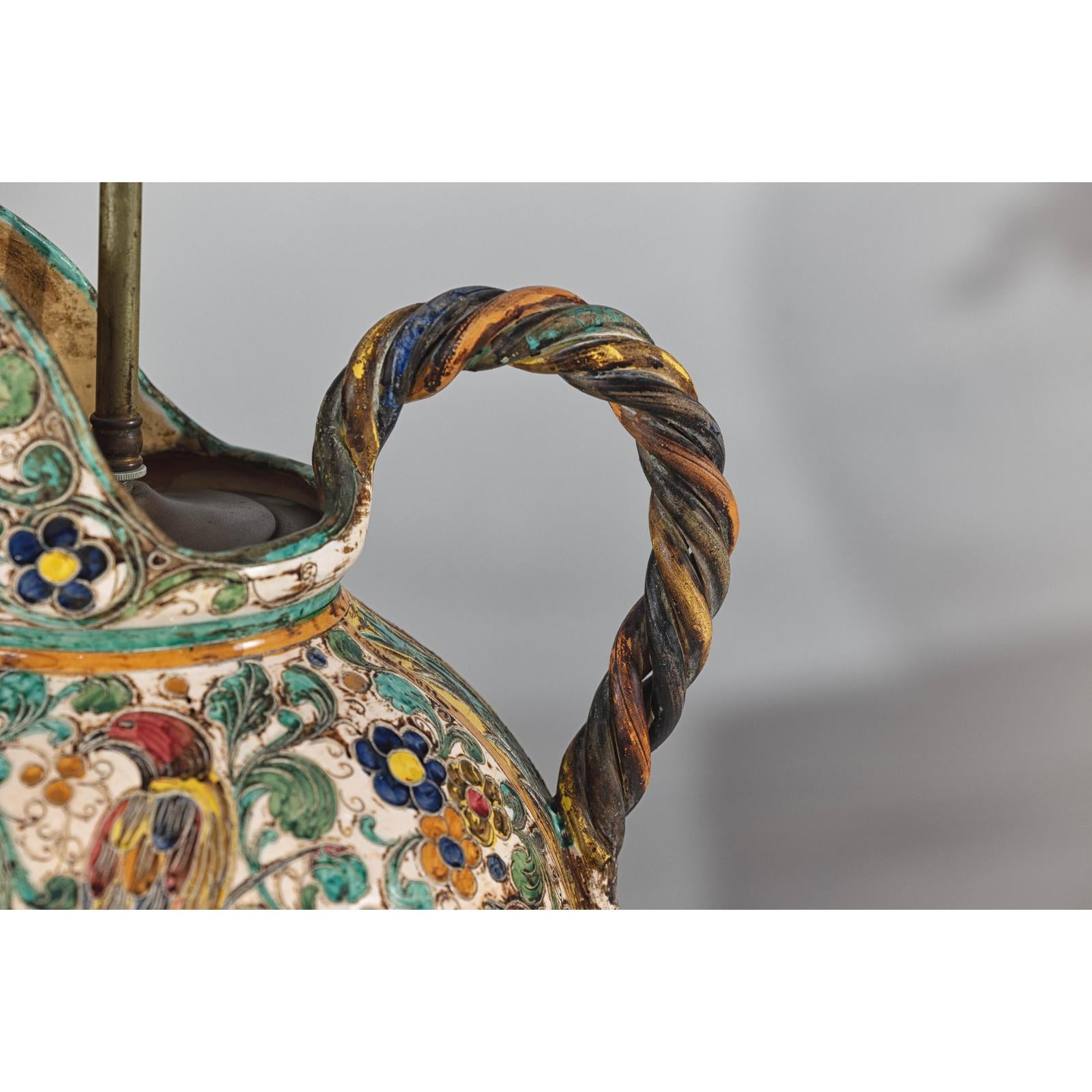Majolica-Style Mid-Century Ceramic Table Lamp with Birds and Floral Motifs