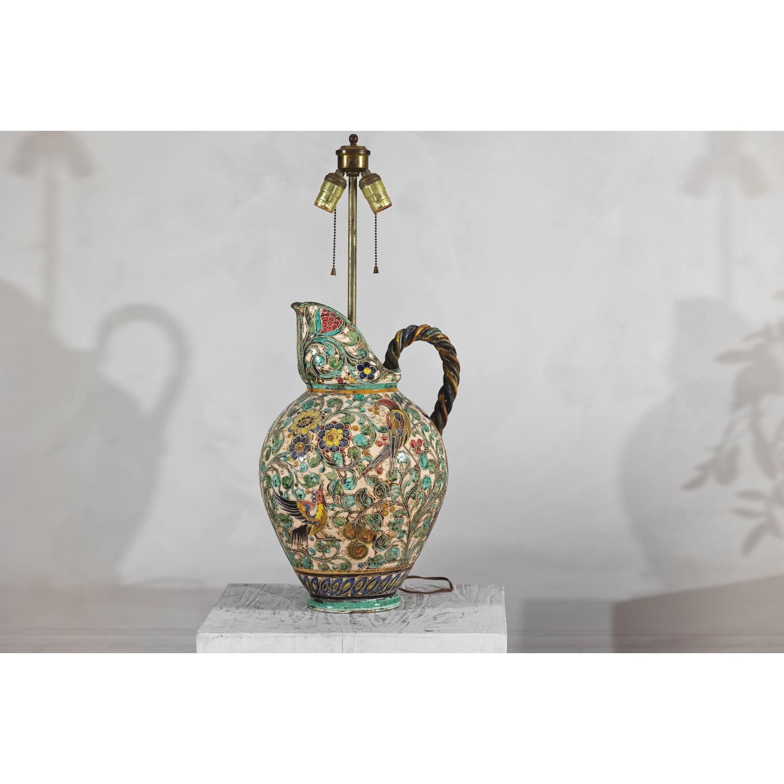 Majolica-Style Mid-Century Ceramic Table Lamp with Birds and Floral Motifs