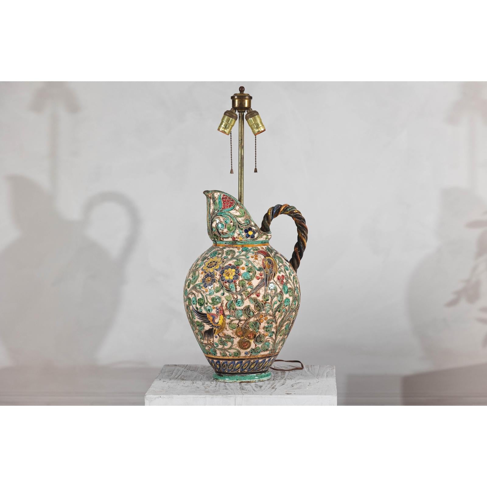 Majolica-Style Mid-Century Ceramic Table Lamp with Birds and Floral Motifs