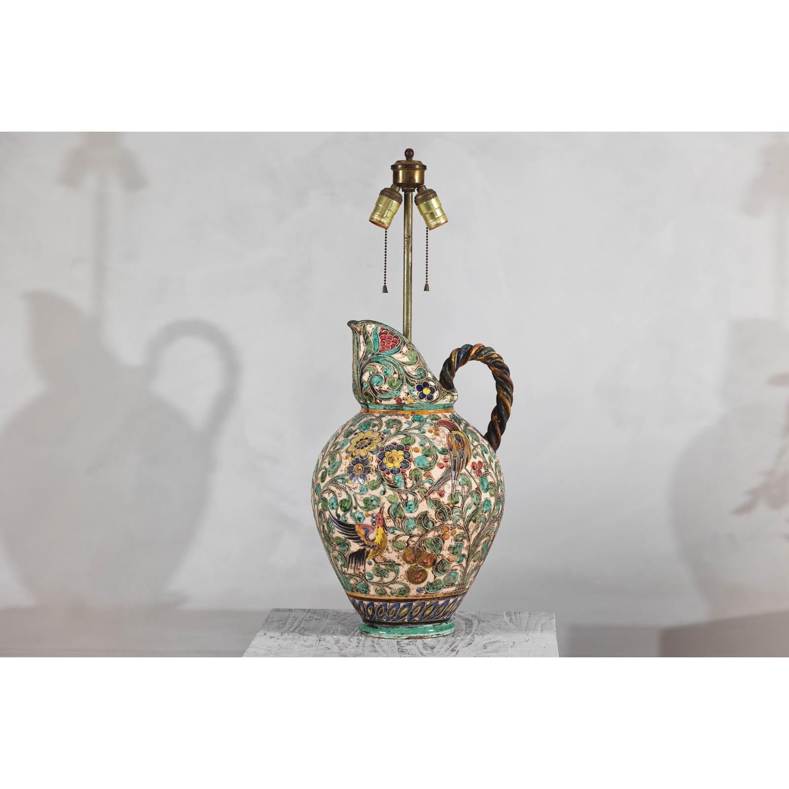Majolica-Style Mid-Century Ceramic Table Lamp with Birds and Floral Motifs