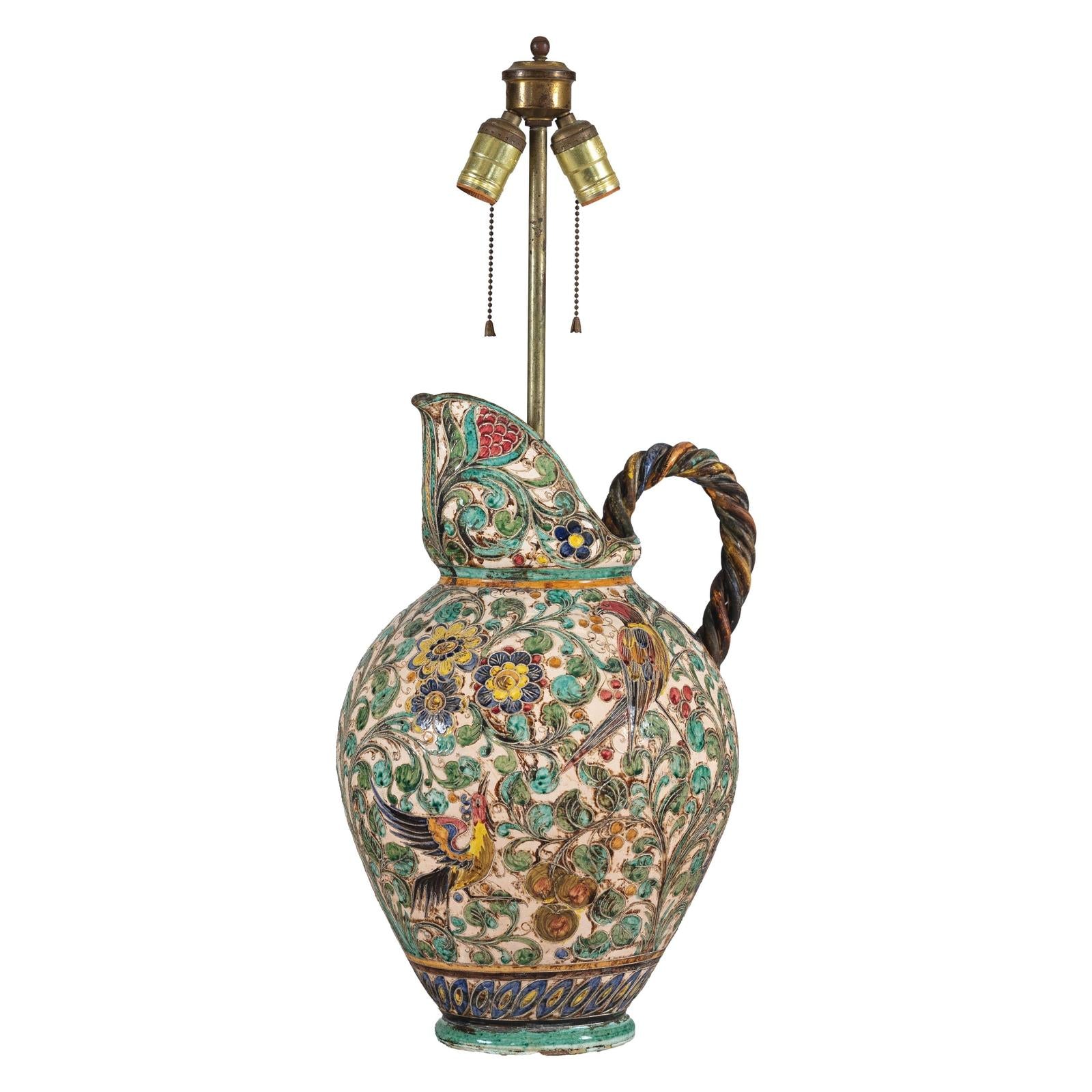 Majolica-Style Mid-Century Ceramic Table Lamp with Birds and Floral Motifs