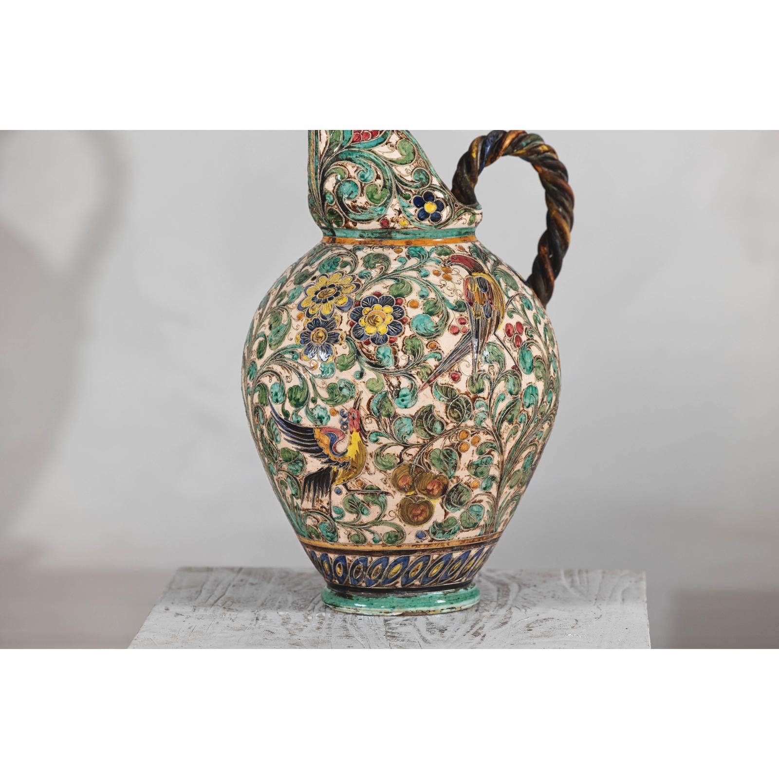 Majolica-Style Mid-Century Ceramic Table Lamp with Birds and Floral Motifs