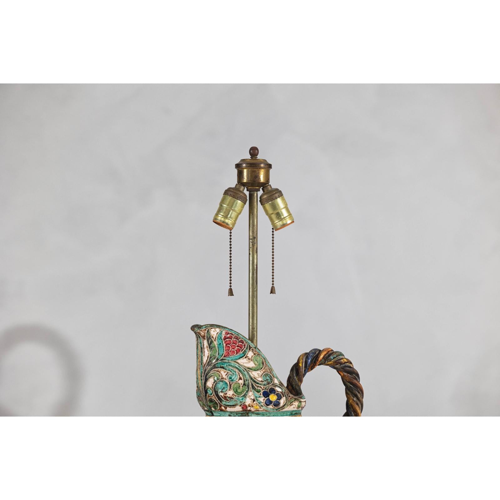 Majolica-Style Mid-Century Ceramic Table Lamp with Birds and Floral Motifs