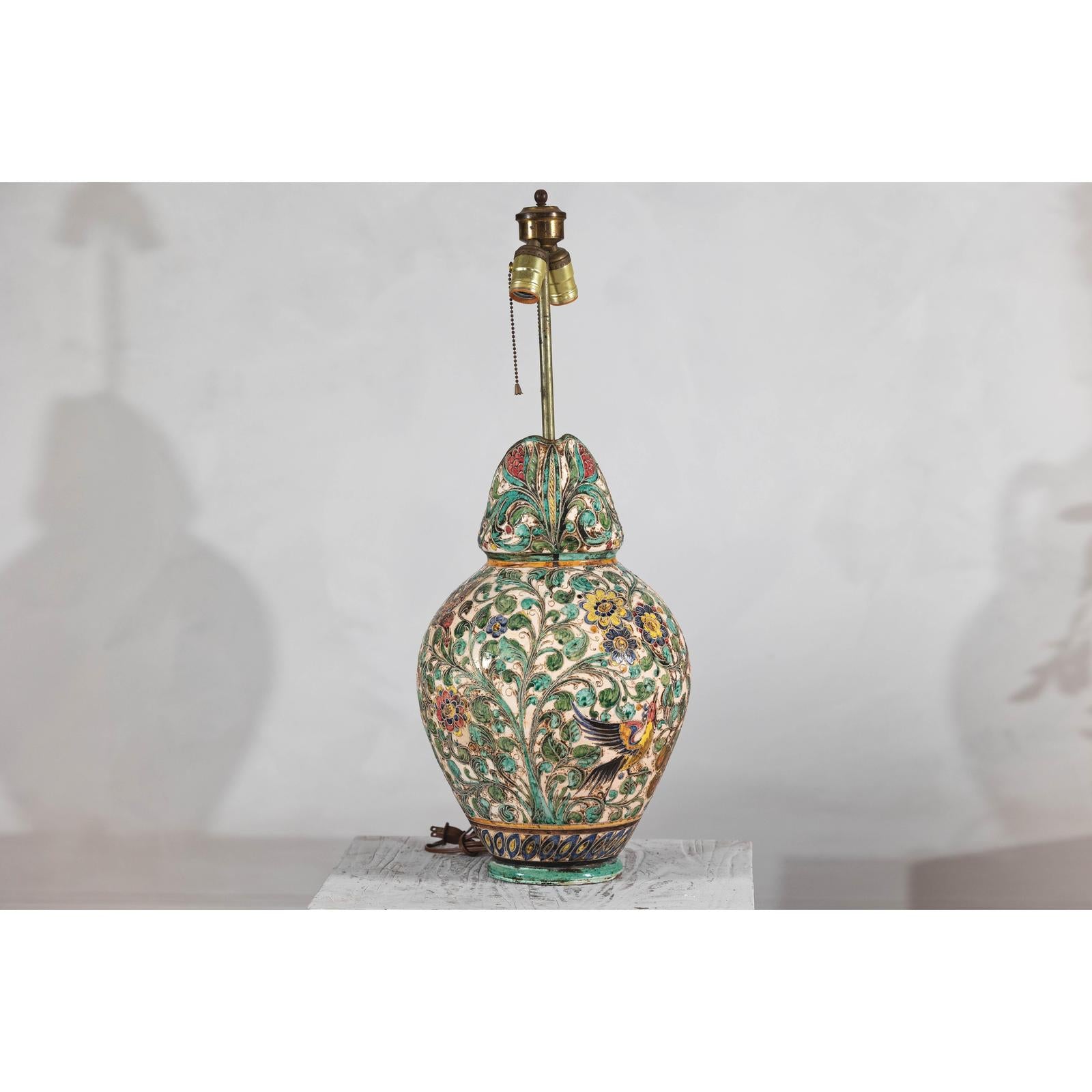 Majolica-Style Mid-Century Ceramic Table Lamp with Birds and Floral Motifs