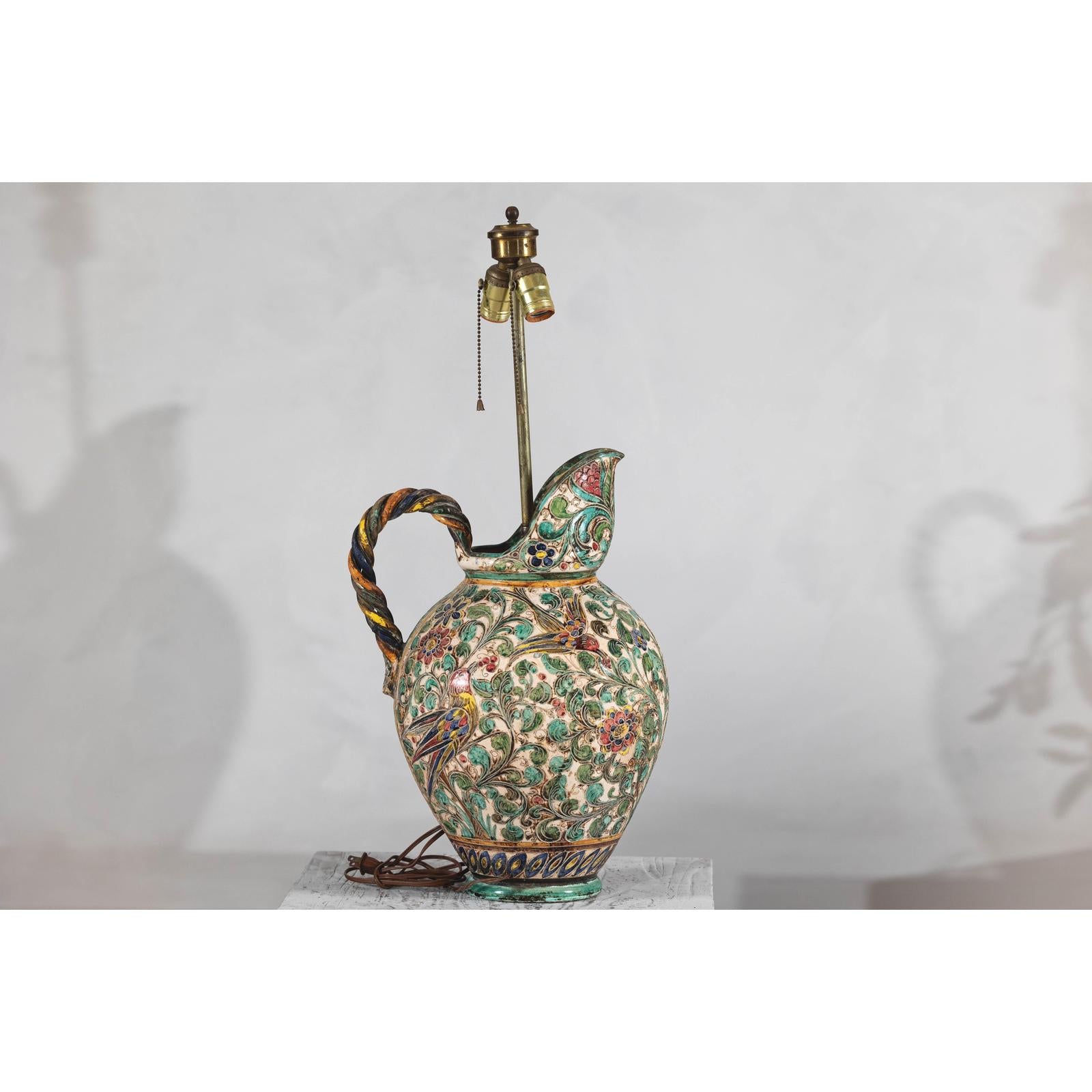 Majolica-Style Mid-Century Ceramic Table Lamp with Birds and Floral Motifs