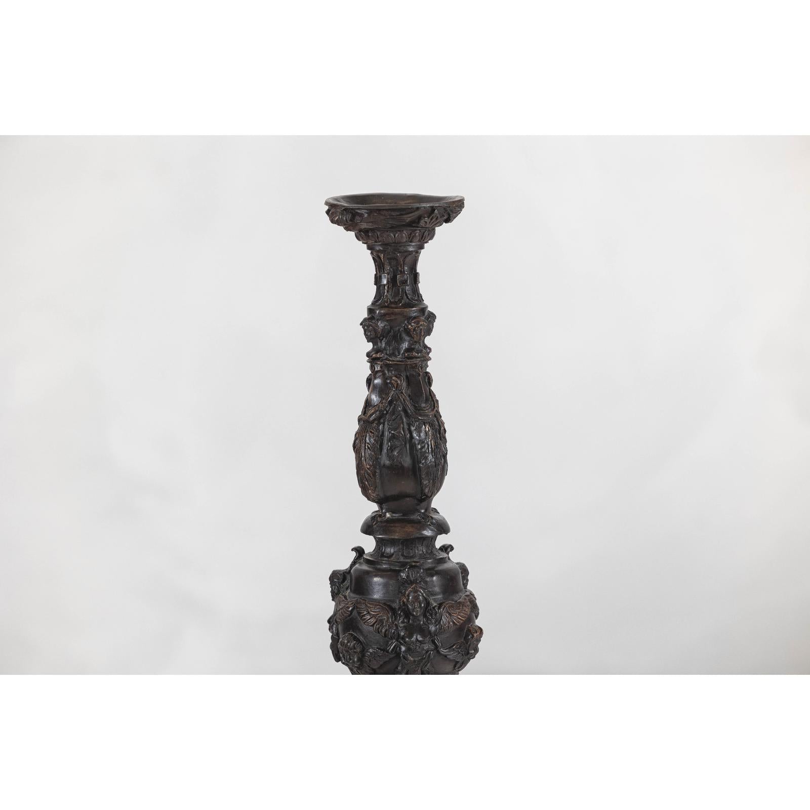 Baroque-Style Ornate Metal Candlesticks with Cherub, Volute and Garland Motifs