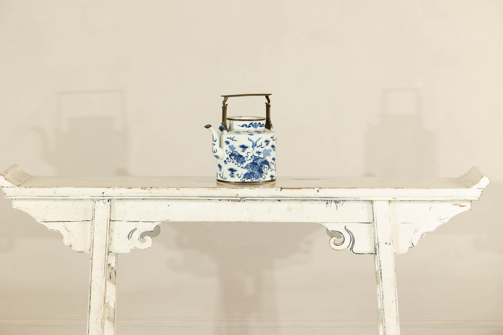 Blue and White Porcelain Teapot with Mythical Qilin and Auspicious Cloud Motifs