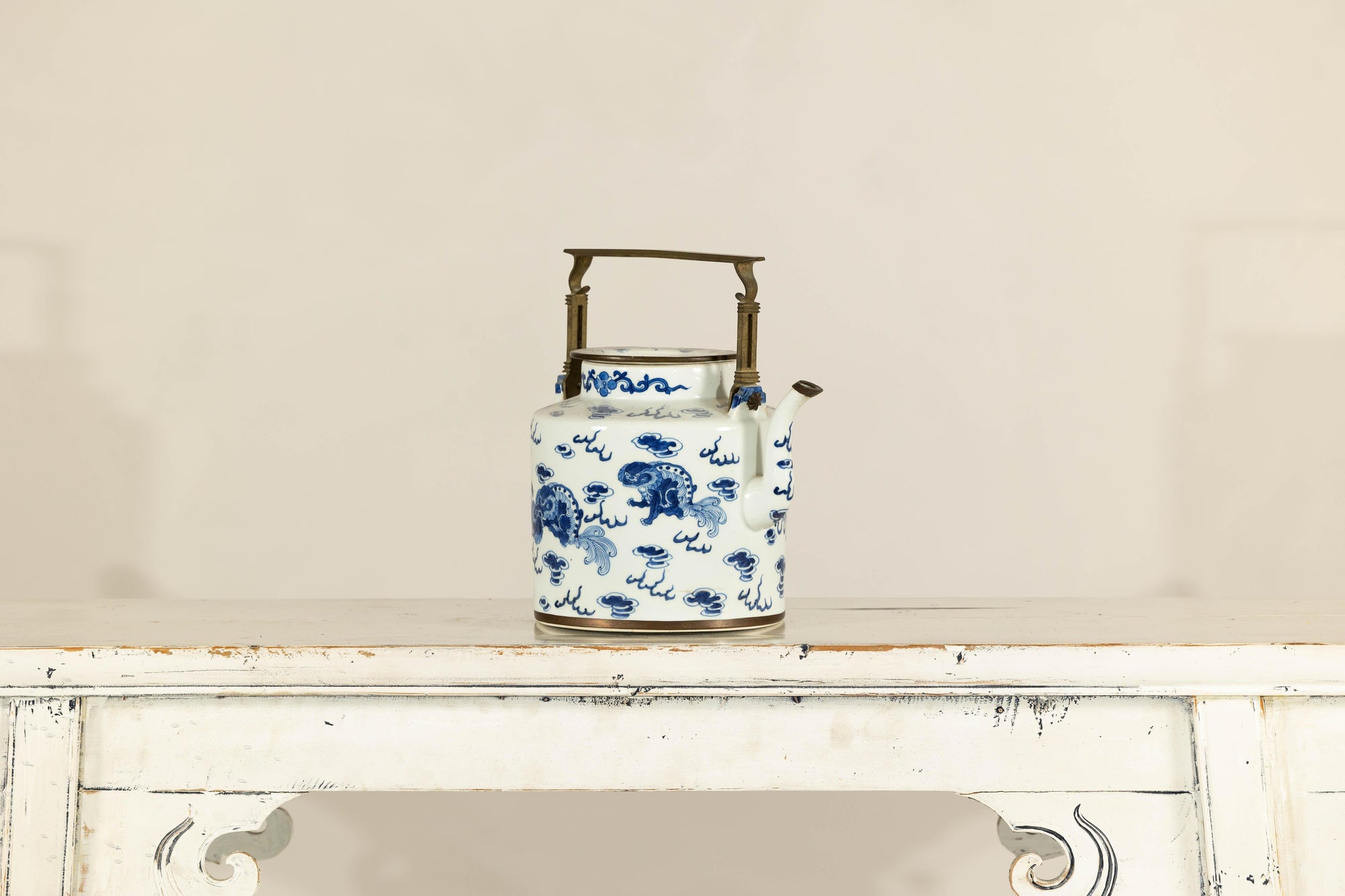 Blue and White Porcelain Teapot with Mythical Qilin and Auspicious Cloud Motifs