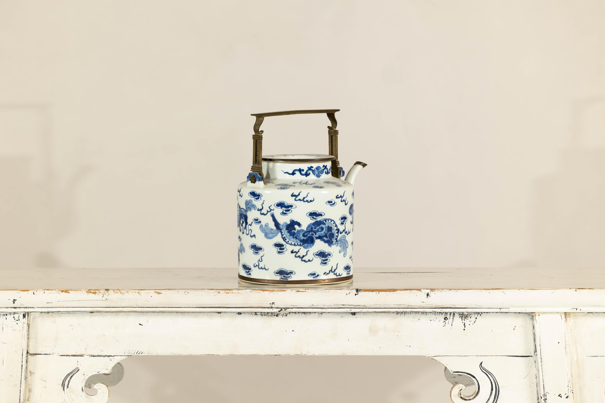 Blue and White Porcelain Teapot with Mythical Qilin and Auspicious Cloud Motifs
