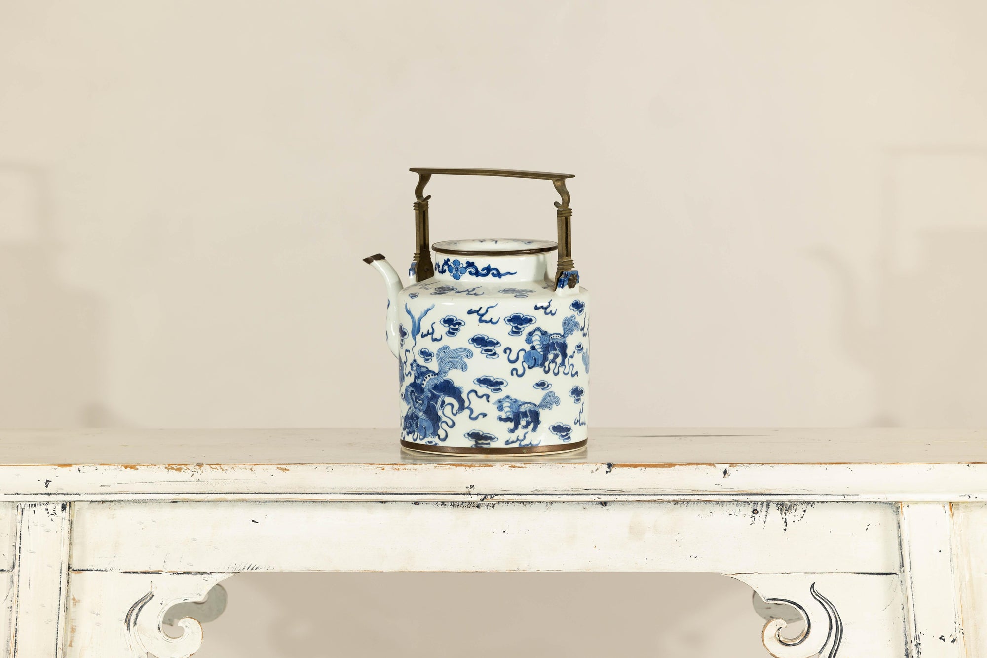 Blue and White Porcelain Teapot with Mythical Qilin and Auspicious Cloud Motifs