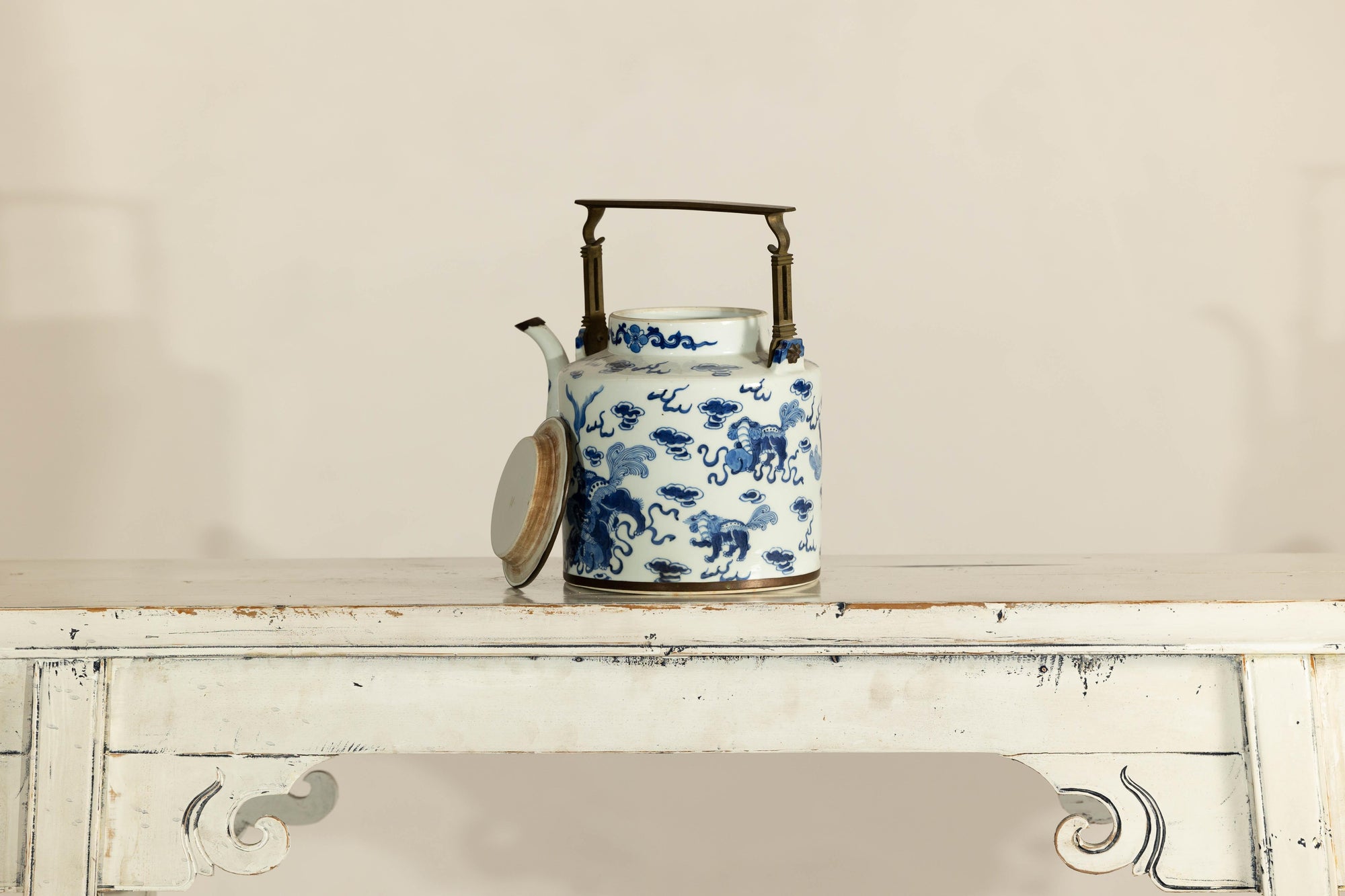 Blue and White Porcelain Teapot with Mythical Qilin and Auspicious Cloud Motifs