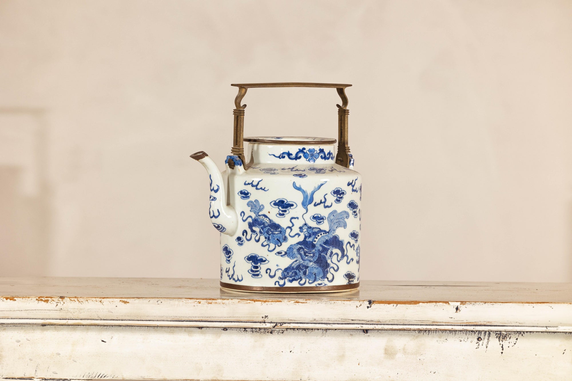 Blue and White Porcelain Teapot with Mythical Qilin and Auspicious Cloud Motifs