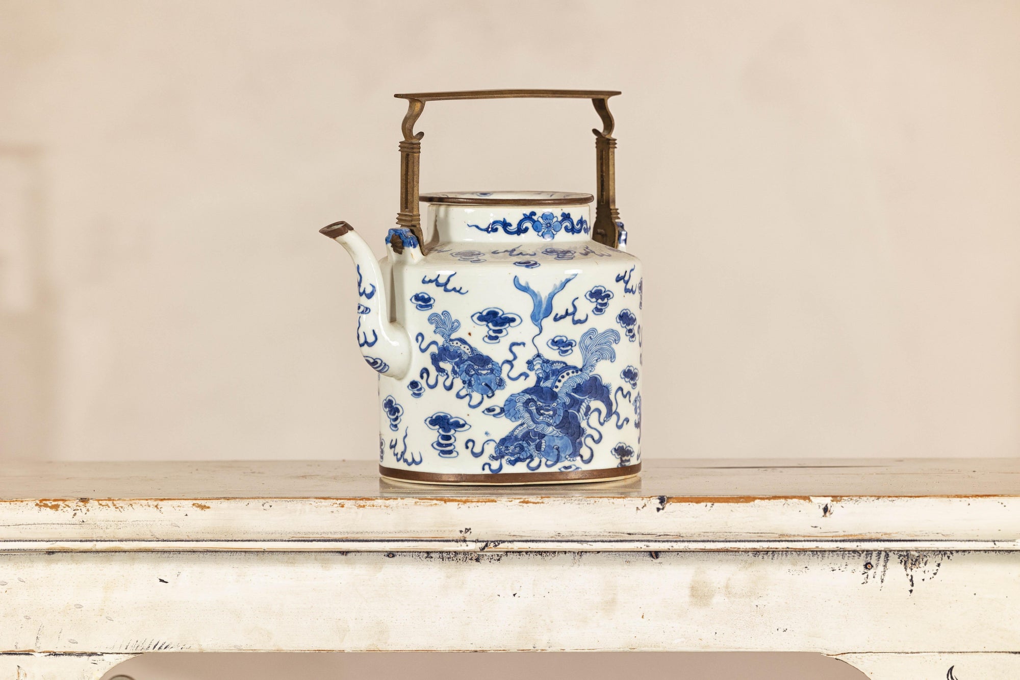Blue and White Porcelain Teapot with Mythical Qilin and Auspicious Cloud Motifs