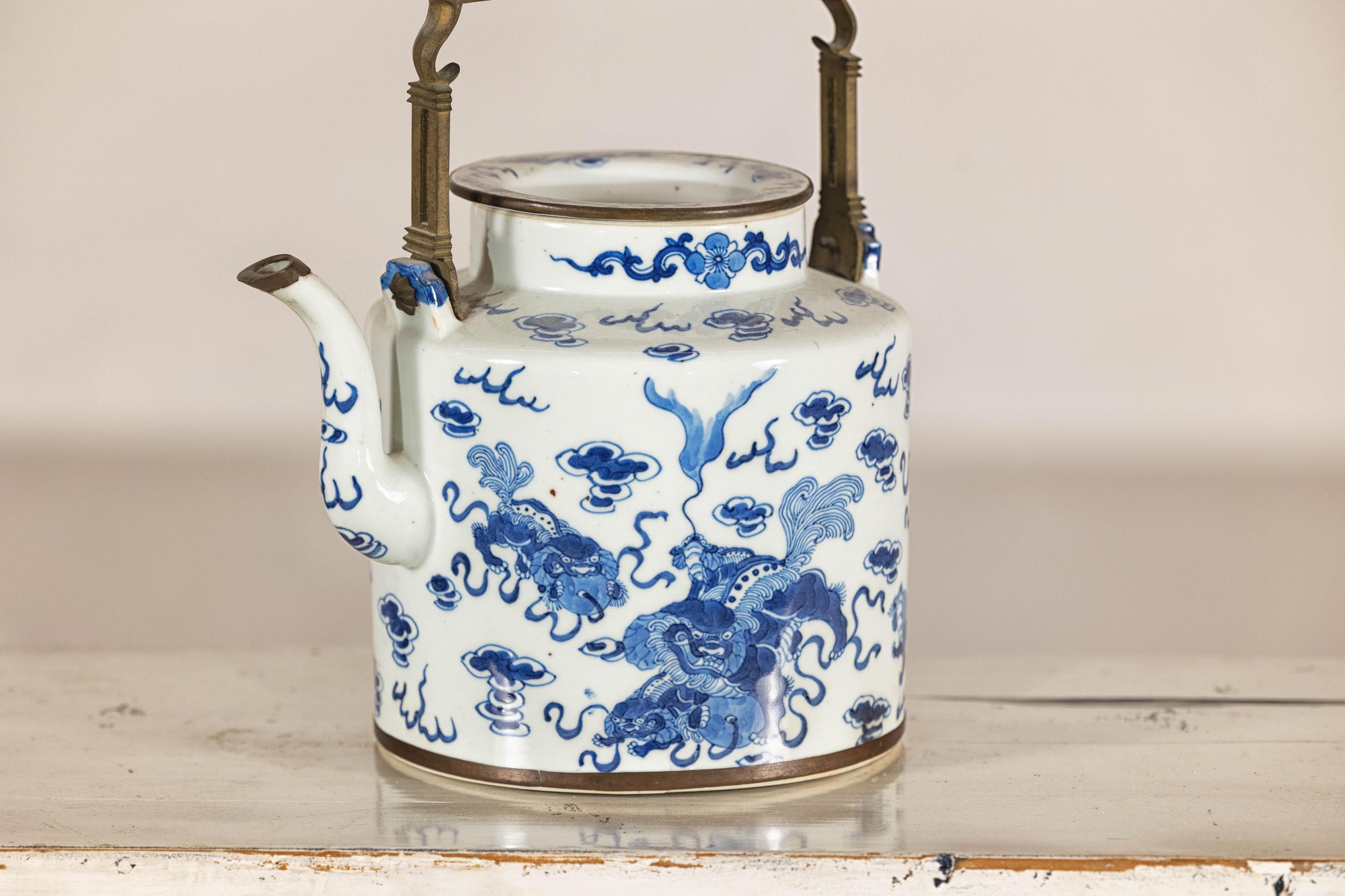 Blue and White Porcelain Teapot with Mythical Qilin and Auspicious Cloud Motifs