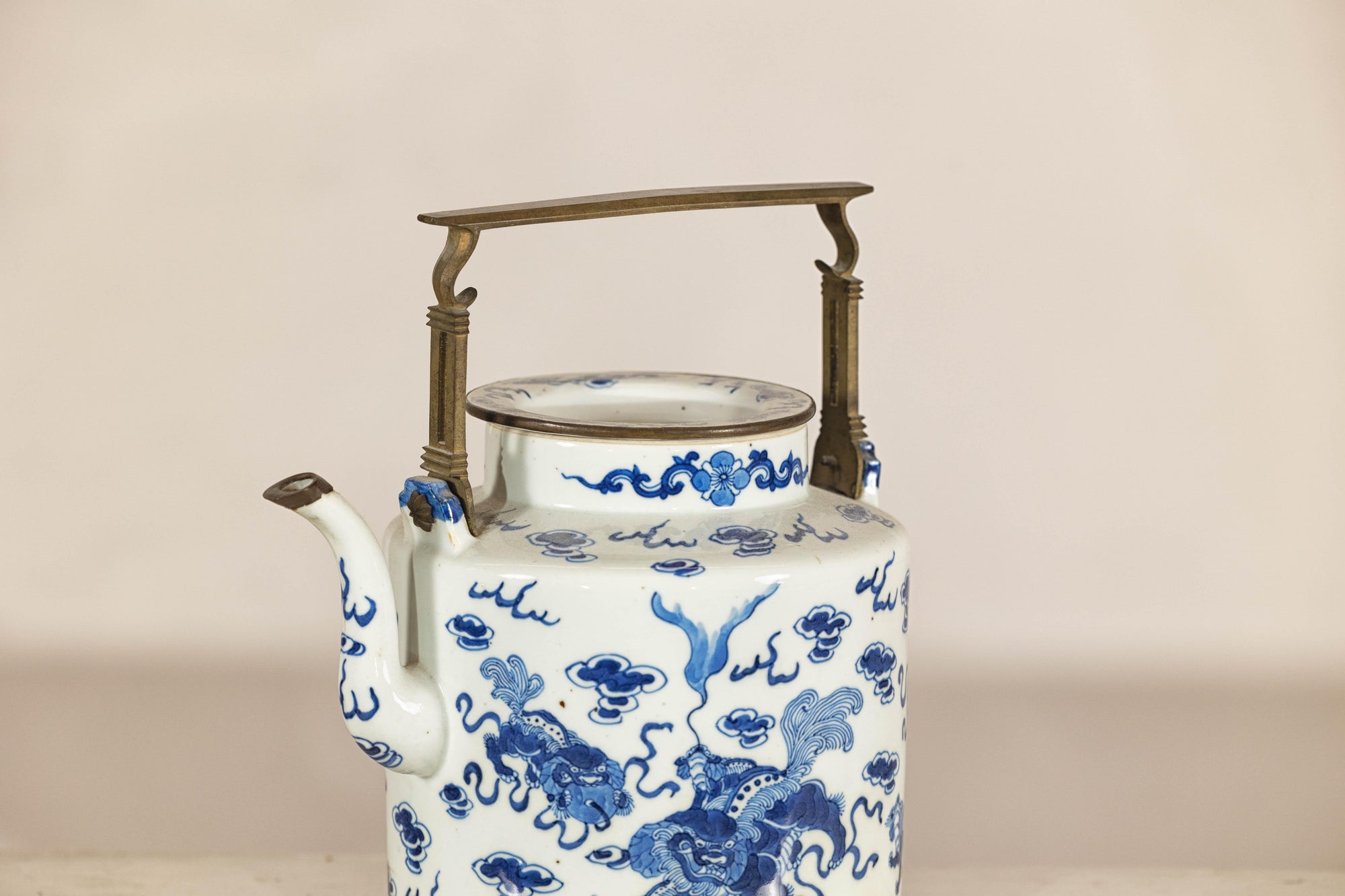 Blue and White Porcelain Teapot with Mythical Qilin and Auspicious Cloud Motifs