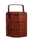 Vintage Reddish Brown Lacquer Woven Rattan Picnic Basket with Bamboo Handle