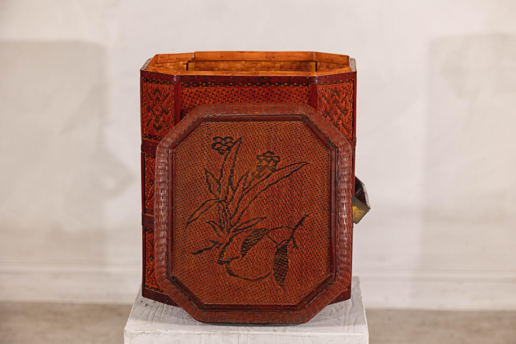 Vintage Reddish Brown Lacquer Woven Rattan Picnic Basket with Bamboo Handle