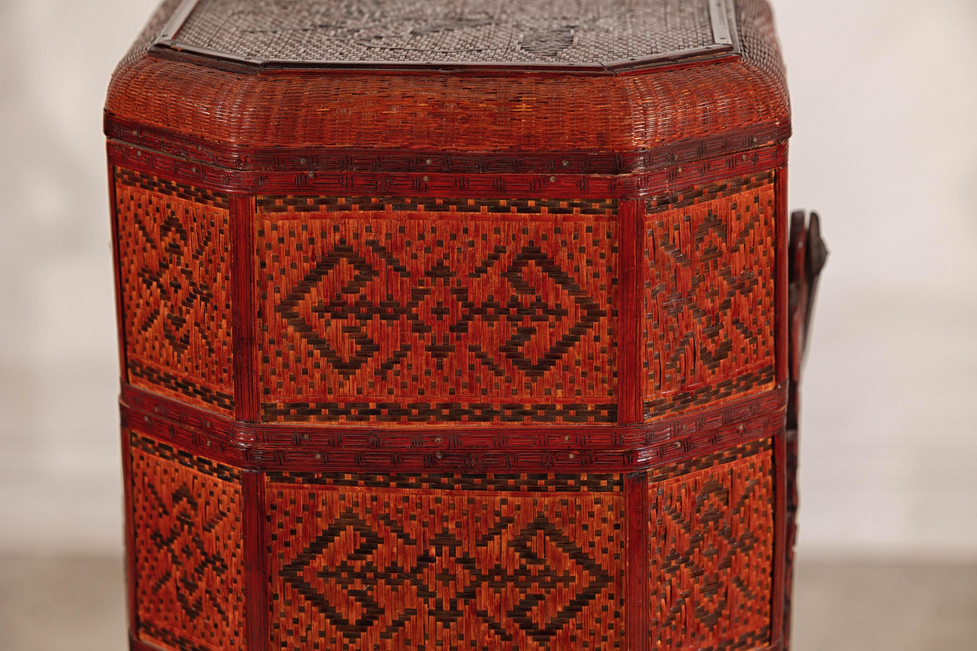 Vintage Reddish Brown Lacquer Woven Rattan Picnic Basket with Bamboo Handle