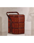 Vintage Reddish Brown Lacquer Woven Rattan Picnic Basket with Bamboo Handle
