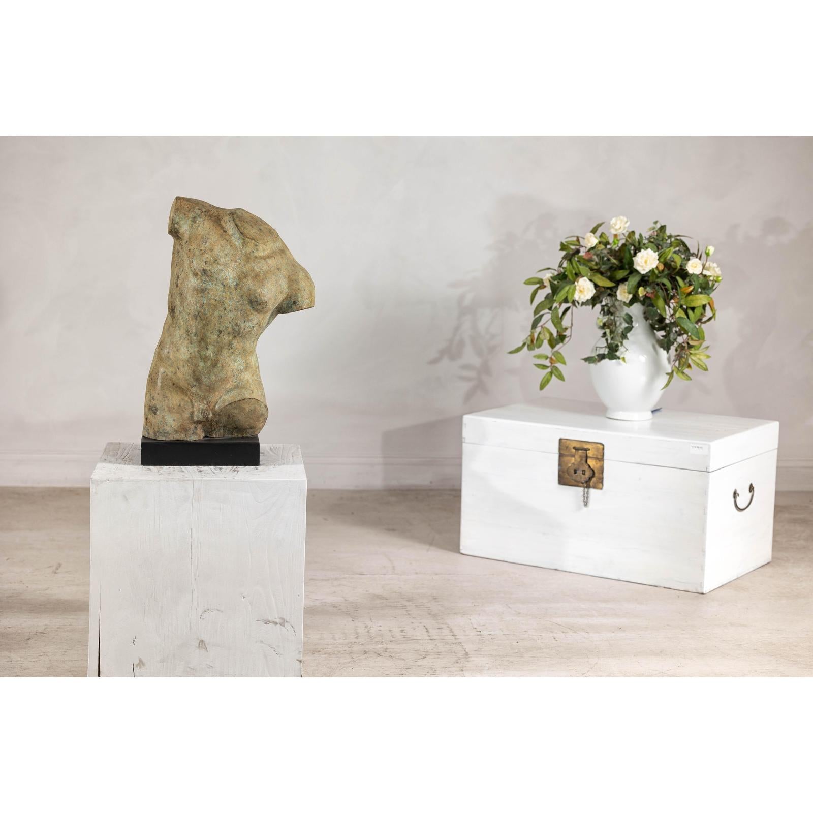 Greco Roman Inspired Classical Bronze Torso Sculpture with Verdigris Patina