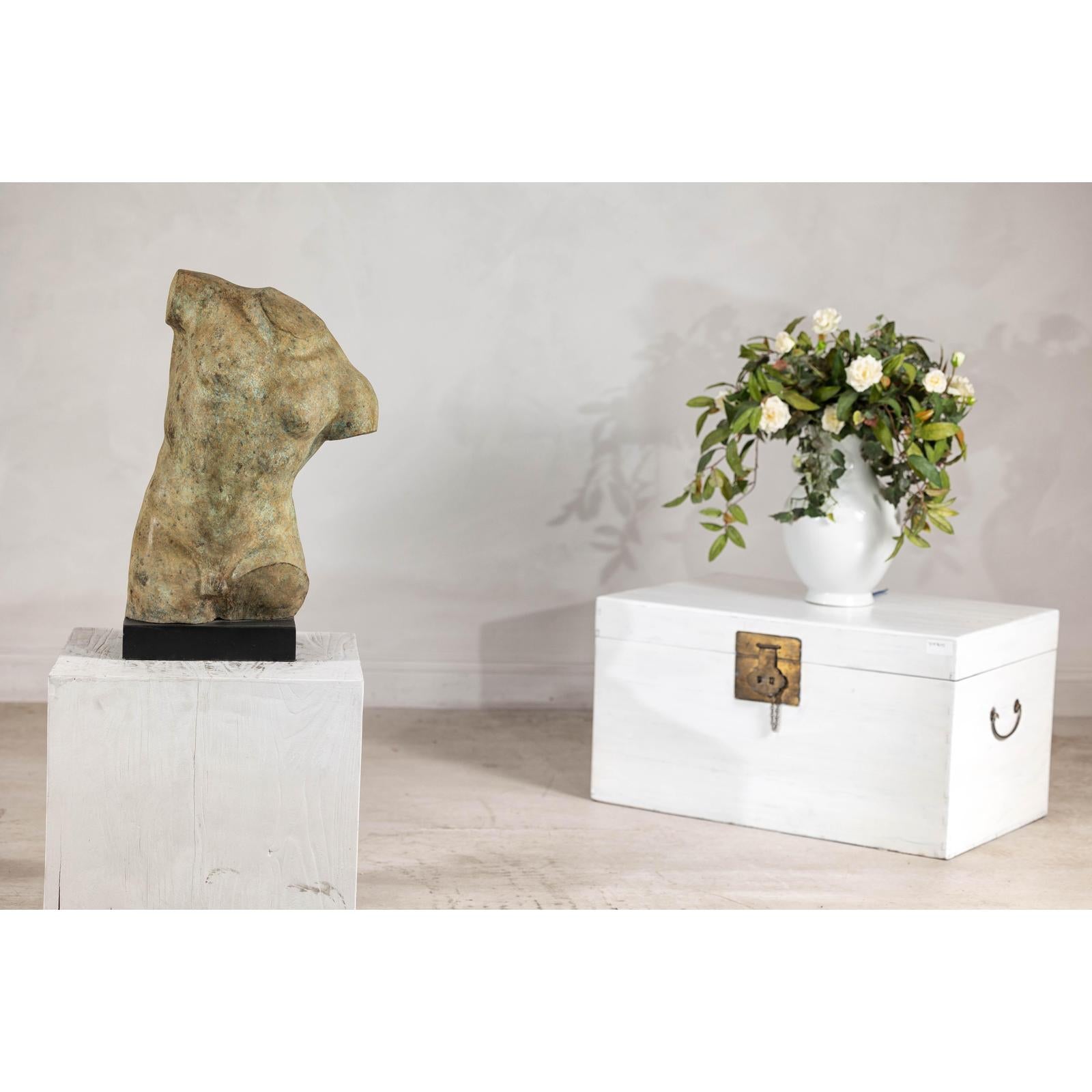 Greco Roman Inspired Classical Bronze Torso Sculpture with Verdigris Patina