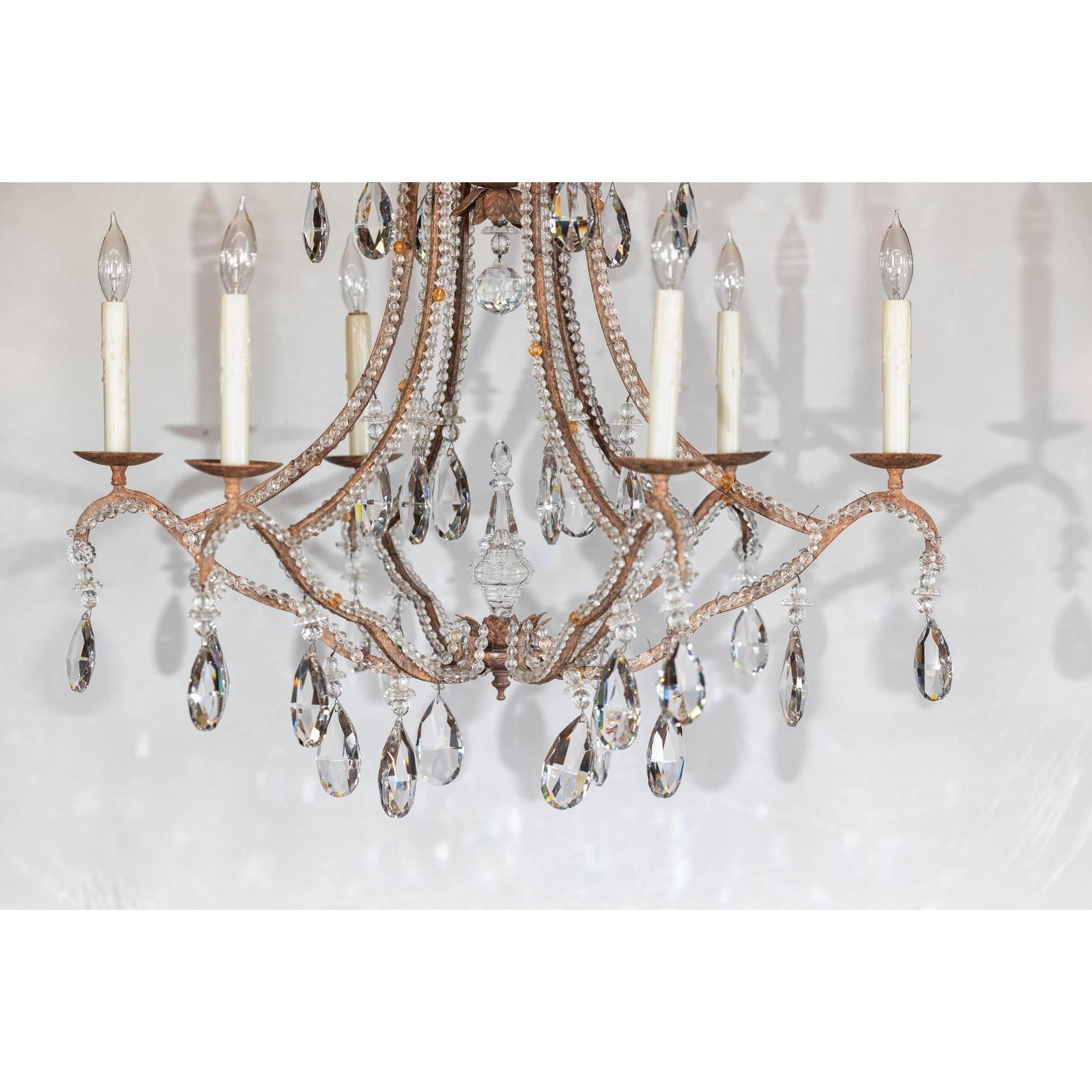 Six-Light Crystal Chandelier with Scrolling Patinated Iron Arms, USA Wired