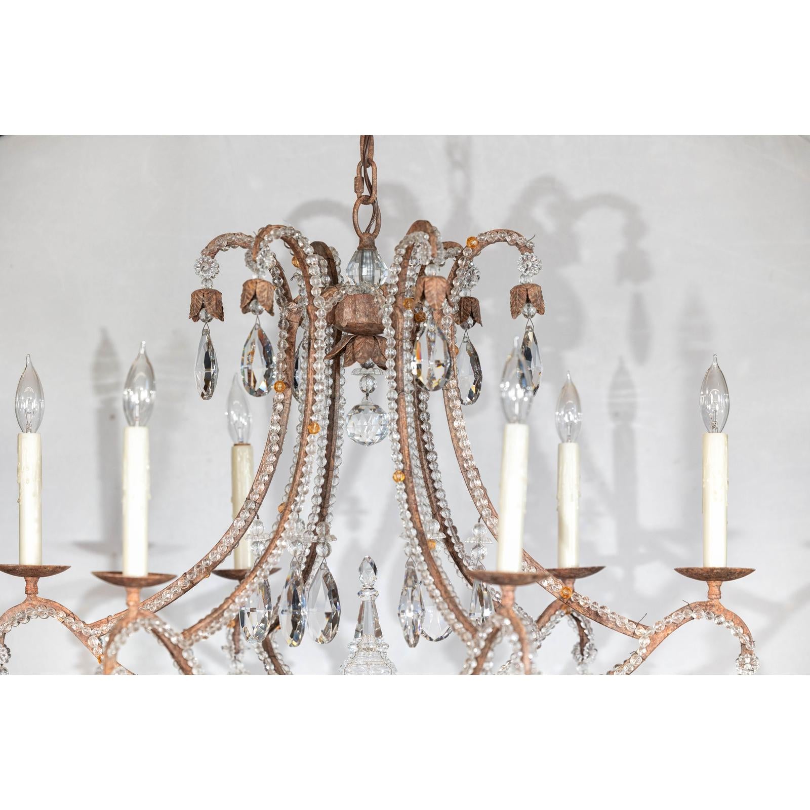 Six-Light Crystal Chandelier with Scrolling Patinated Iron Arms, USA Wired