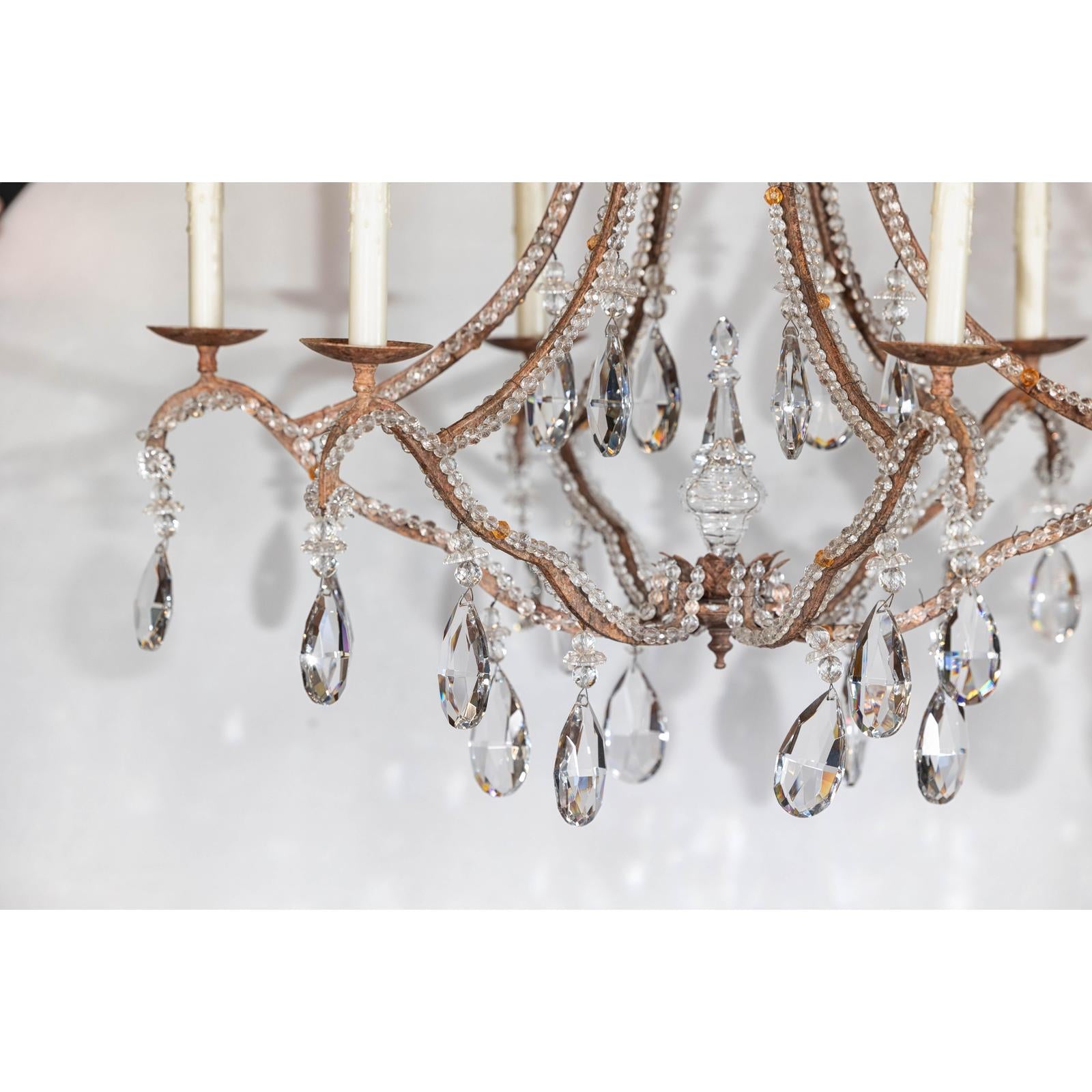 Six-Light Crystal Chandelier with Scrolling Patinated Iron Arms, USA Wired