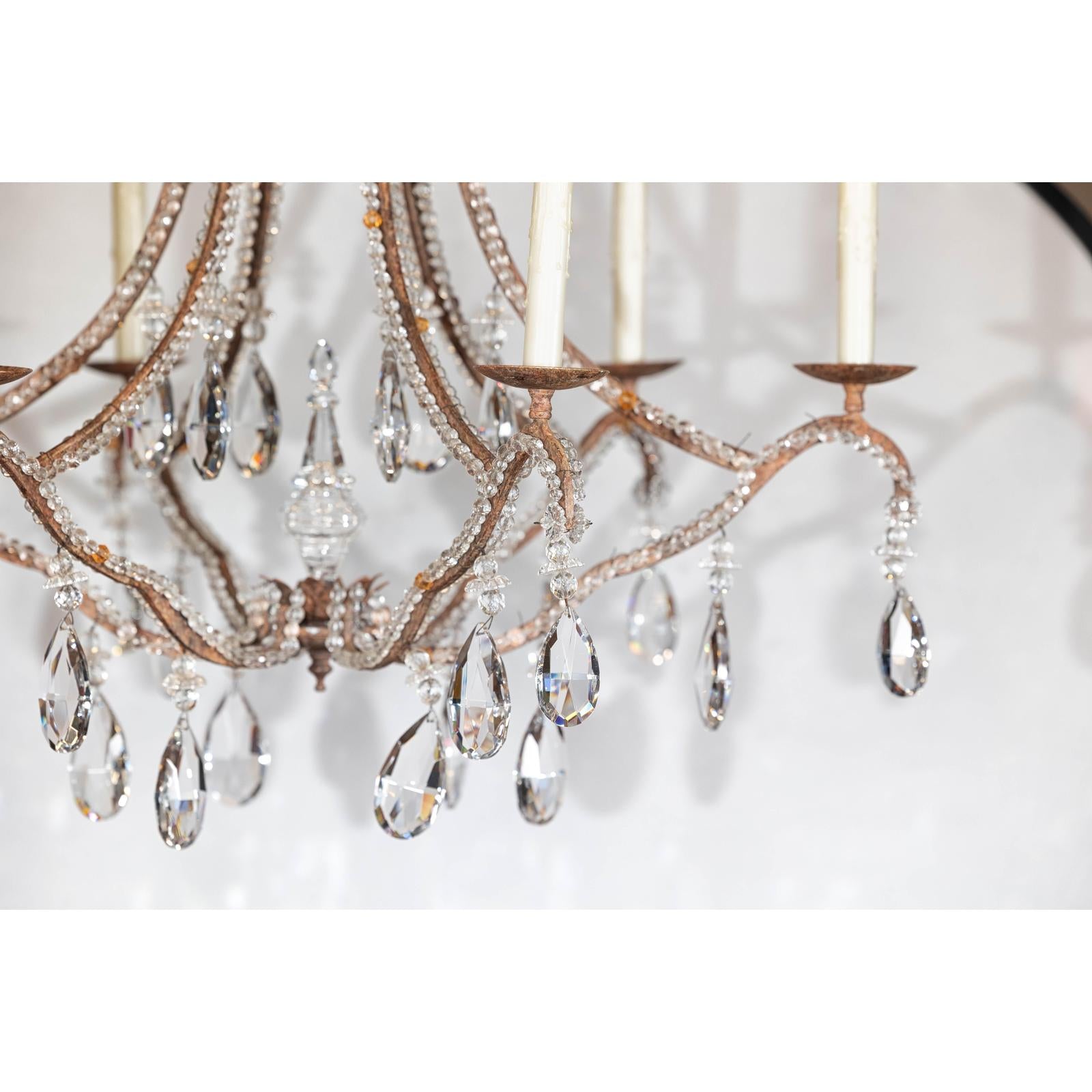 Six-Light Crystal Chandelier with Scrolling Patinated Iron Arms, USA Wired