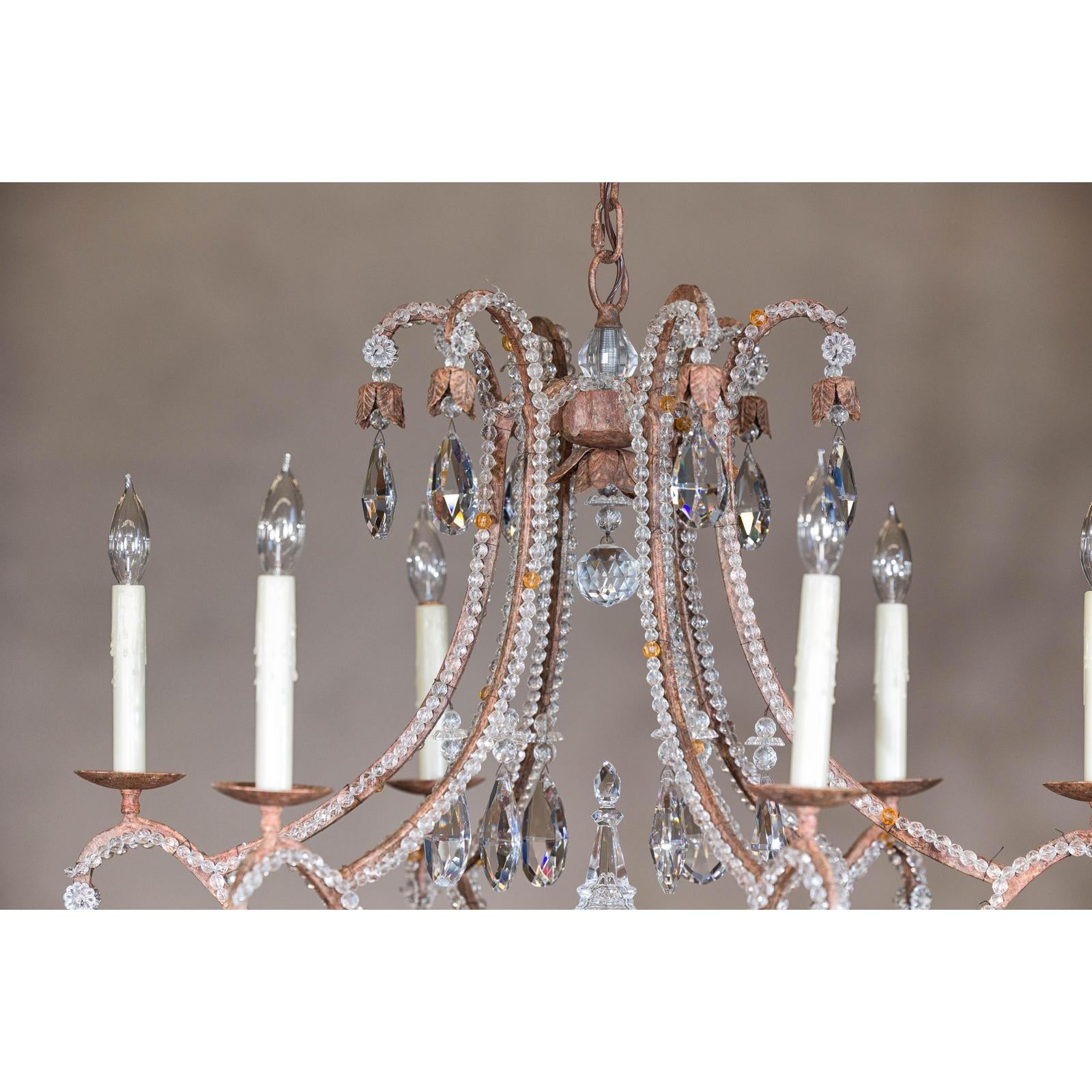 Six-Light Crystal Chandelier with Scrolling Patinated Iron Arms, USA Wired