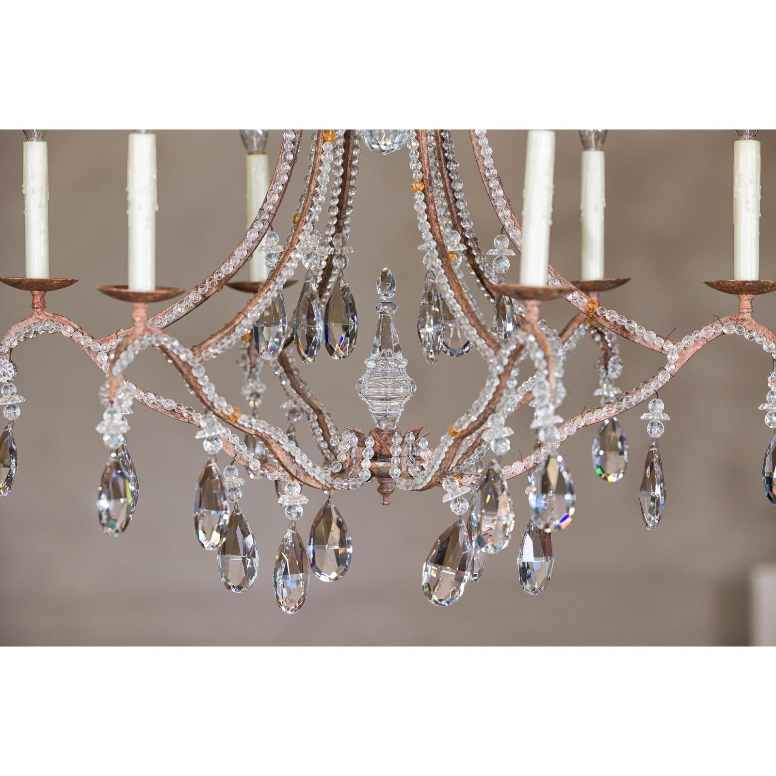 Six-Light Crystal Chandelier with Scrolling Patinated Iron Arms, USA Wired