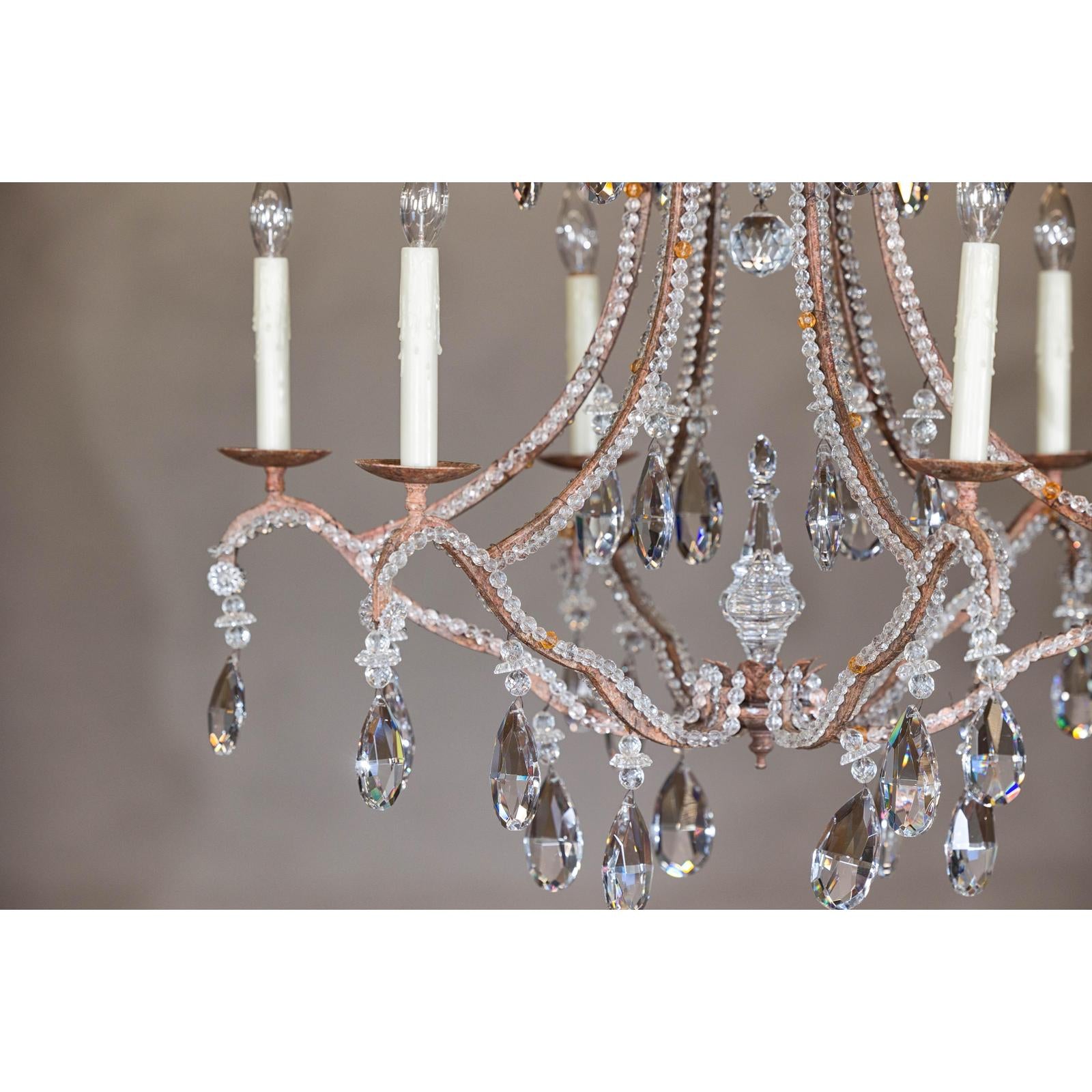 Six-Light Crystal Chandelier with Scrolling Patinated Iron Arms, USA Wired