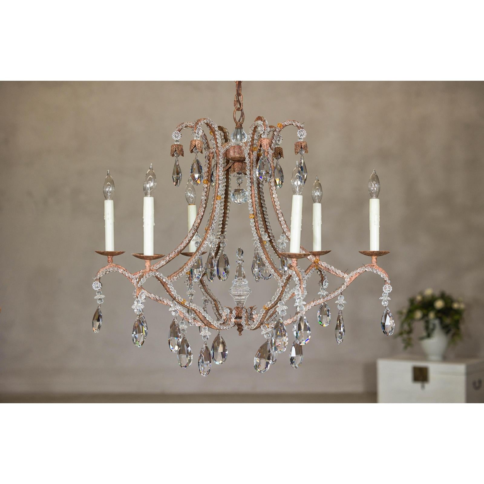 Six-Light Crystal Chandelier with Scrolling Patinated Iron Arms, USA Wired