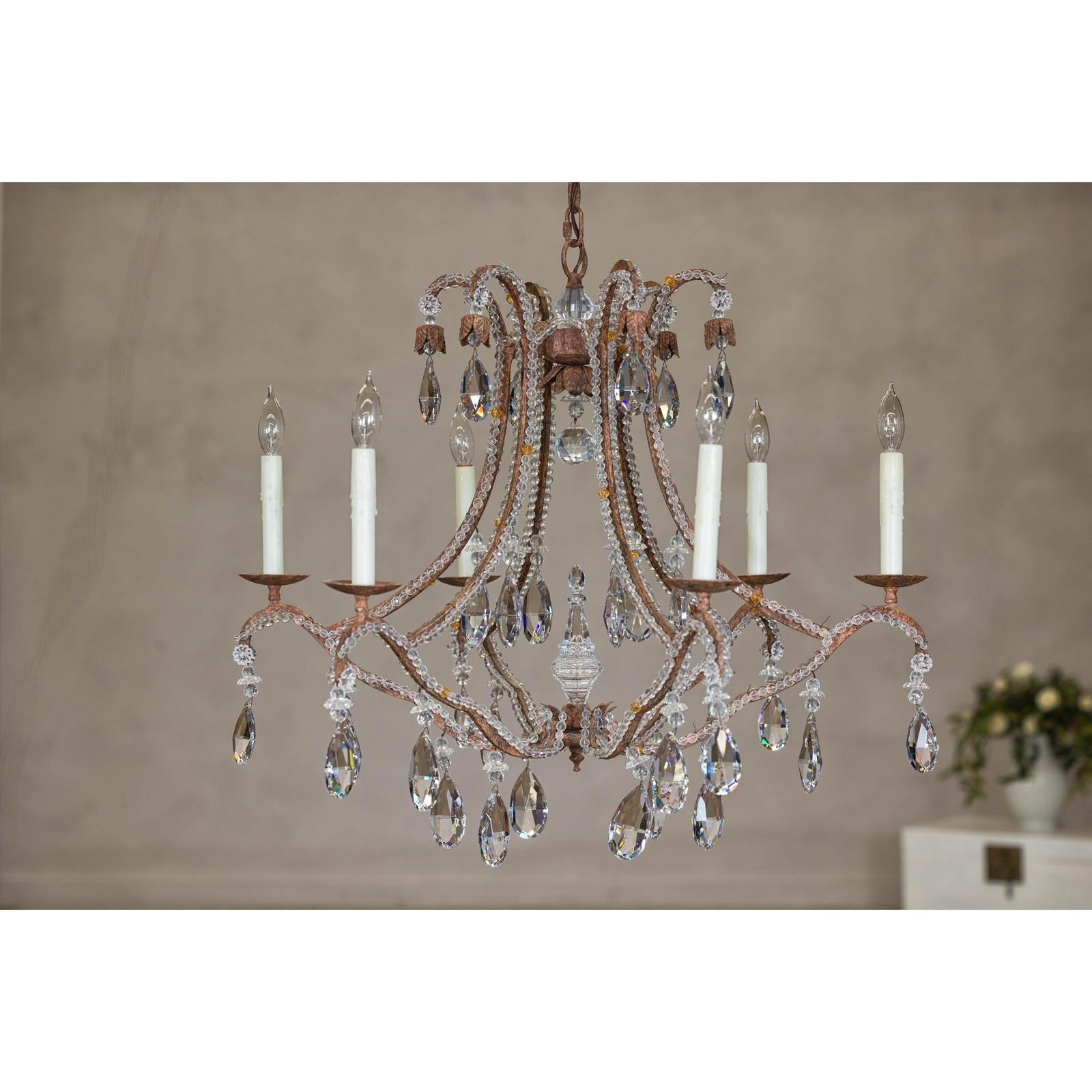 Six-Light Crystal Chandelier with Scrolling Patinated Iron Arms, USA Wired