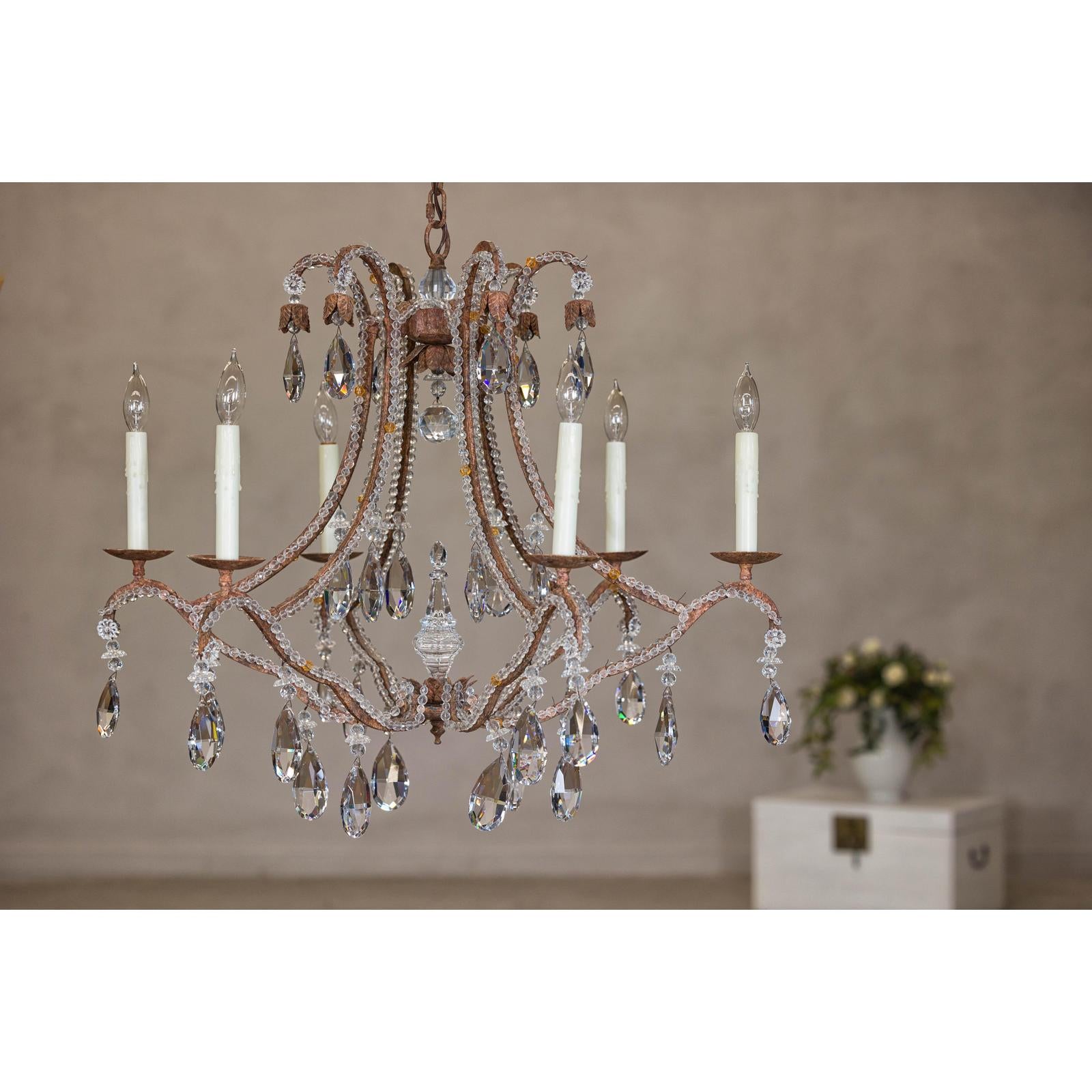 Six-Light Crystal Chandelier with Scrolling Patinated Iron Arms, USA Wired