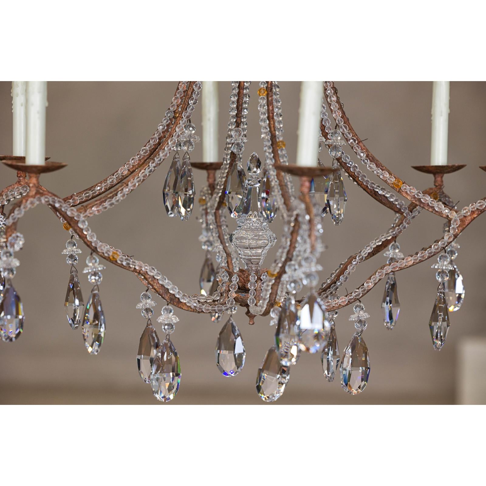 Six-Light Crystal Chandelier with Scrolling Patinated Iron Arms, USA Wired