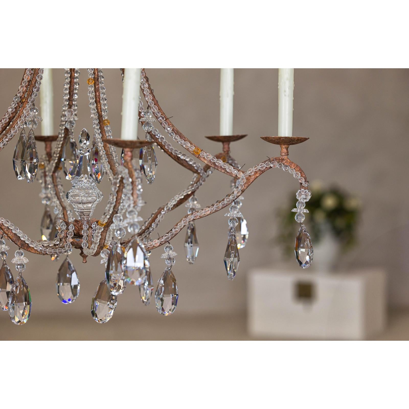 Six-Light Crystal Chandelier with Scrolling Patinated Iron Arms, USA Wired