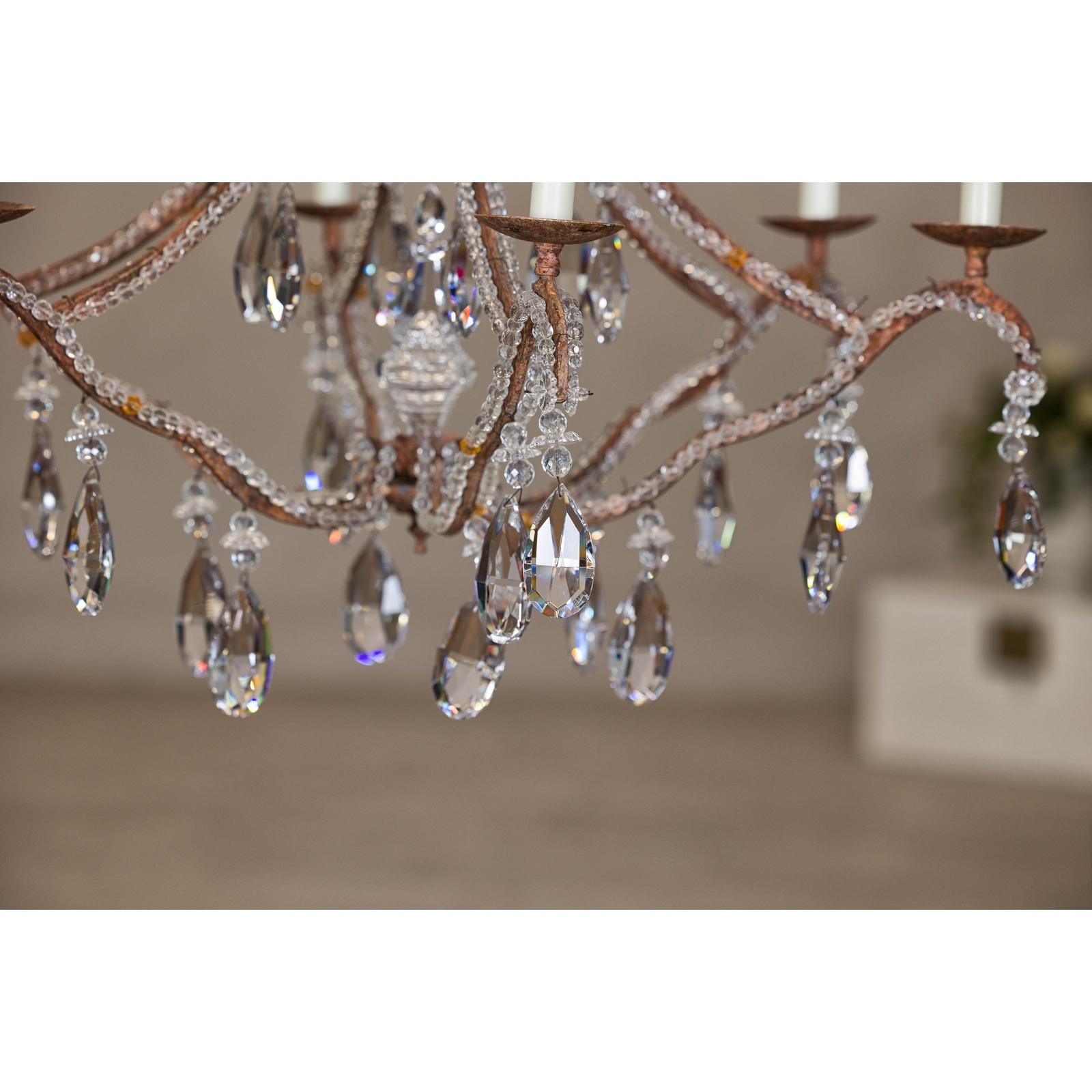 Six-Light Crystal Chandelier with Scrolling Patinated Iron Arms, USA Wired