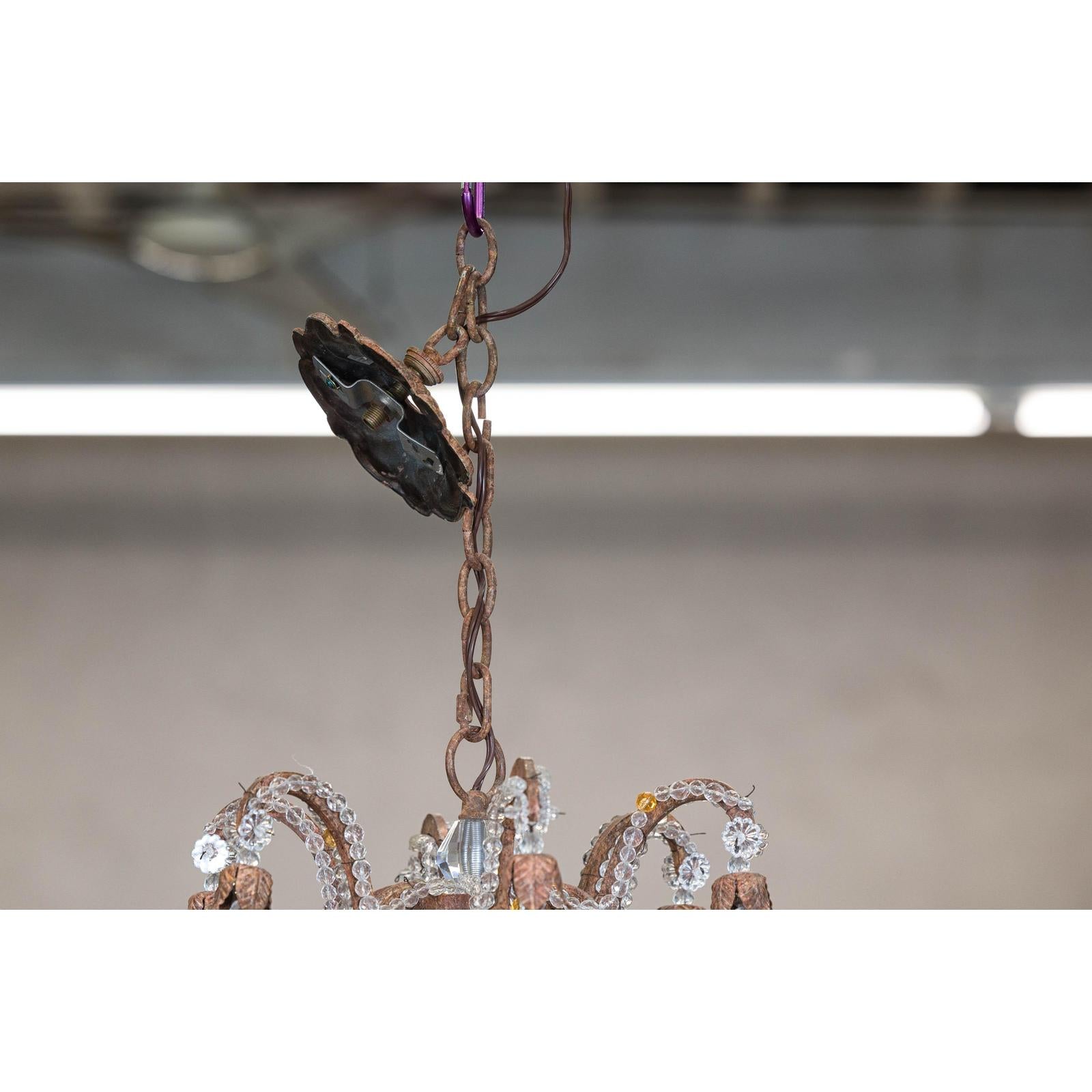 Six-Light Crystal Chandelier with Scrolling Patinated Iron Arms, USA Wired